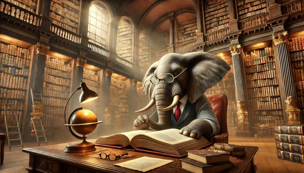 A cartoon image of an elephant studying in a library