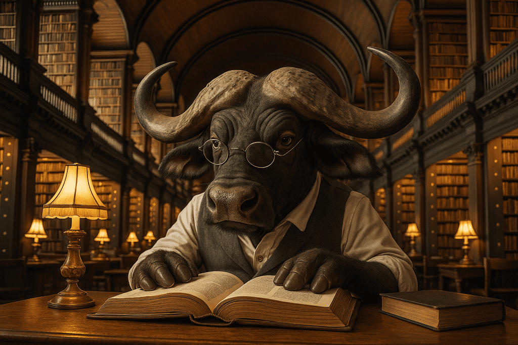 Cartoon of African Buffalo studying facts in a library