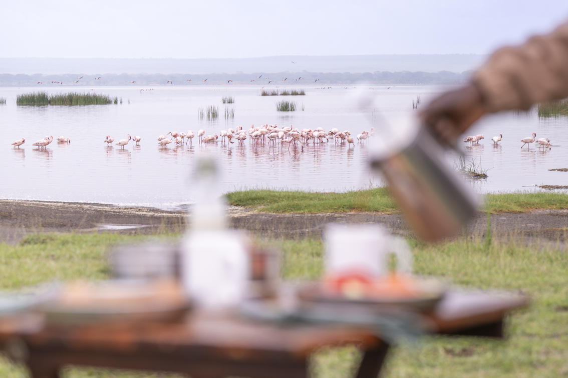Sundowner drinks being poured beside a flamingo lake
