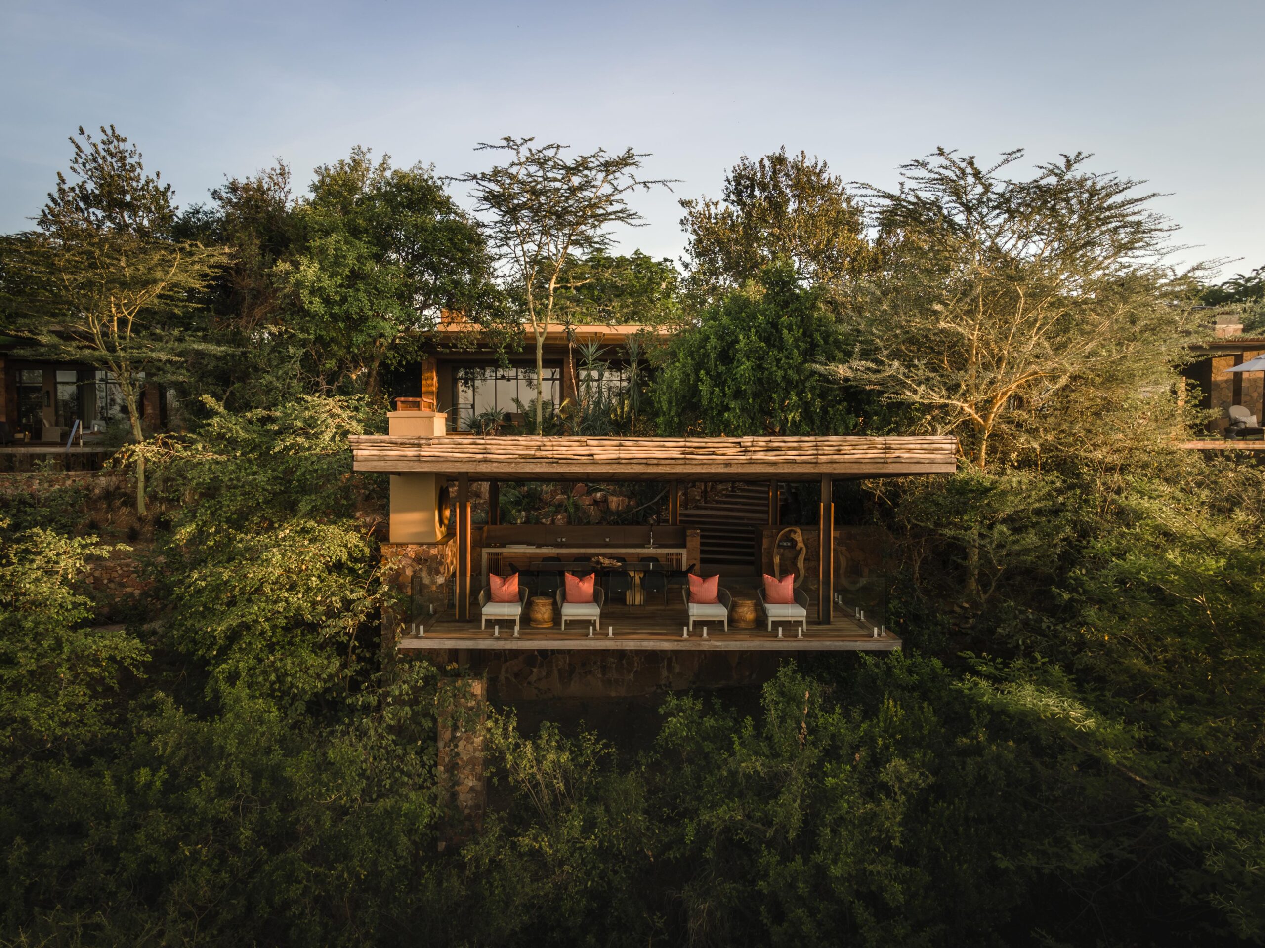 Safari lodge building set among tall trees