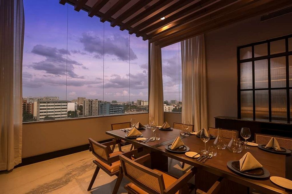 Restaurant interior with views over the Nairobi skyline