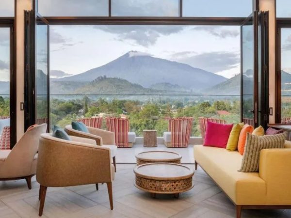Hotel lounge with a view towards the mountain in Arusha