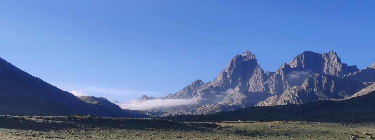 Peaks of Mount Kenya above open moorland