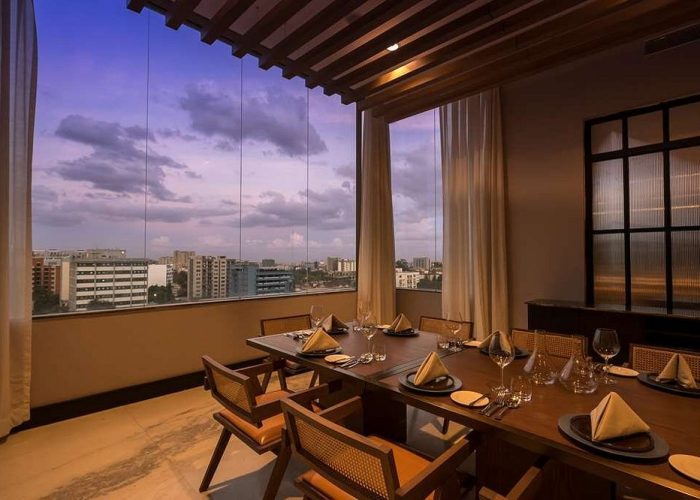 Restaurant interior with views over the Nairobi skyline